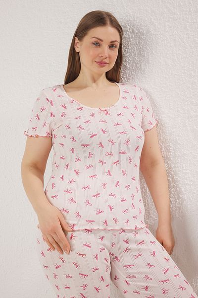 Trendyol Curve Rosafarbenes, durchbrochenes, gestricktes Pyjama-Set mit Schleifenmuster