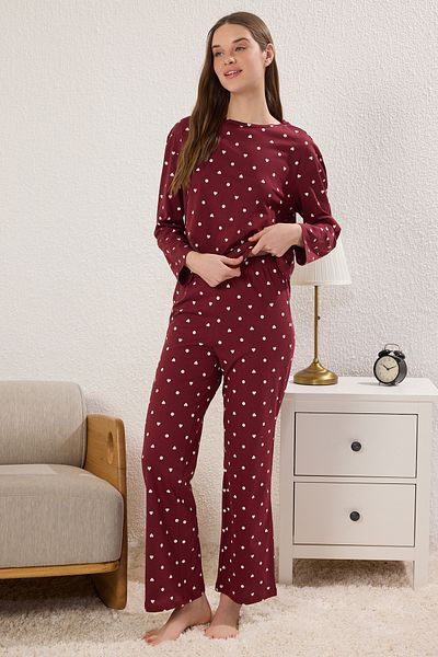 Trendyol Collection Set pijamale burgundy cu buline și inimă 100% bumbac - THMAW25PT00039