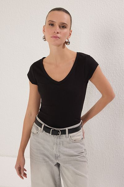 Trendyol Collection Μαύρη πλεκτή μπλούζα με λαιμόκοψη V TWOSS25BZ00208