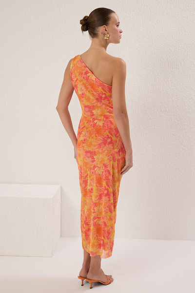 Trendyol Collection Stretchy Tulle Midi Pencil Dress - Orange with One Sleeve and Accessory Detail, Twoss24El00174