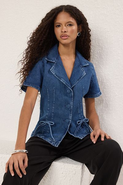 Trendyol Collection Denim Shirt with Blue Ribbon/Bow Detail Twoss25Go00122