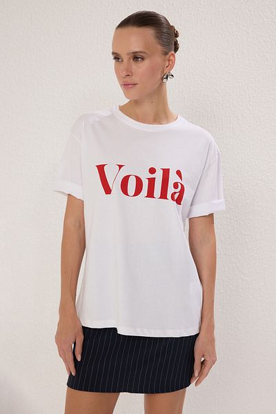 Trendyol Collection Ecru Slogan Printed 100% bavlna Oversize tričko - Twoss25Ts00179
