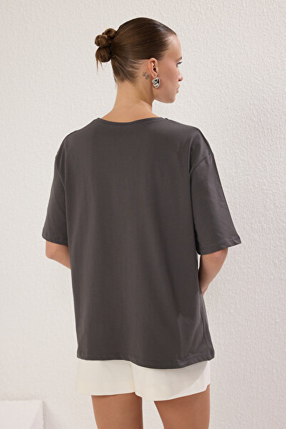Trendyol Collection Anthracite Slogan Printed 100% Cotton Oversize T-Shirt - Twoss25Ts00179