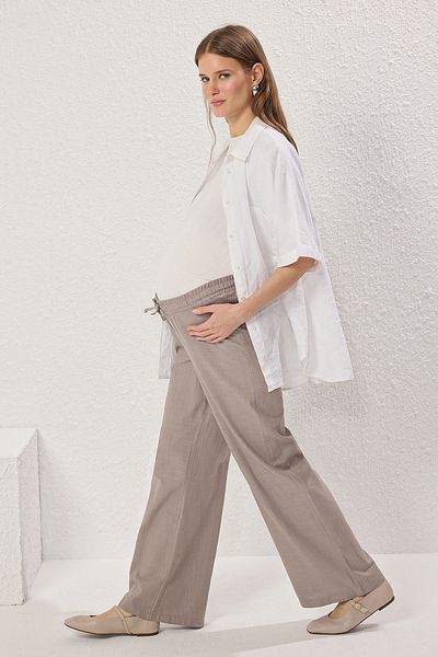 Trendyol Collection Graue Umstandshose aus Baumwoll-Leinen mit elastischem Bund TBBSS25AR00032