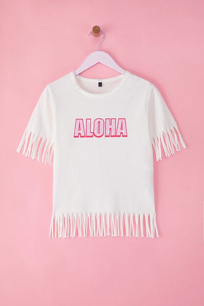TRENDYOLKIDS Dívčí bavlněné tričko Ecru Regular Fit Slogan s krátkým rukávem