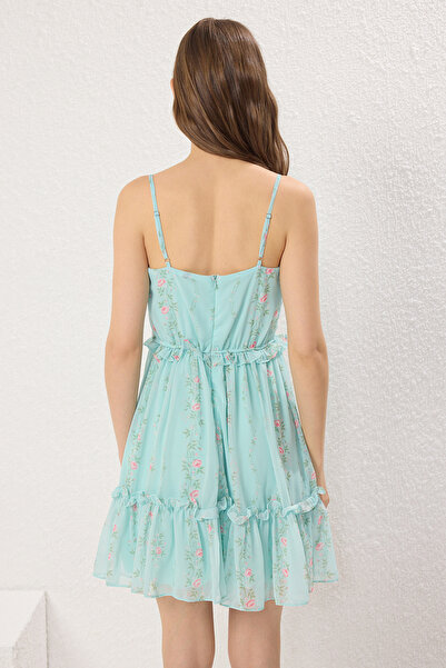 Trendyol Collection Menta virágos szoknya deréknyitású sifon repülő repülő szőtt miniruha TWOSS23EL01782