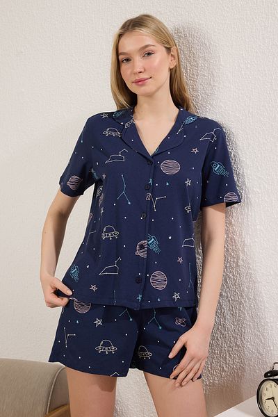 Trendyol Collection Navy Blue Galaxy Single Jersey Shorts Knitted Pajamas Set Thmss25Pt00299