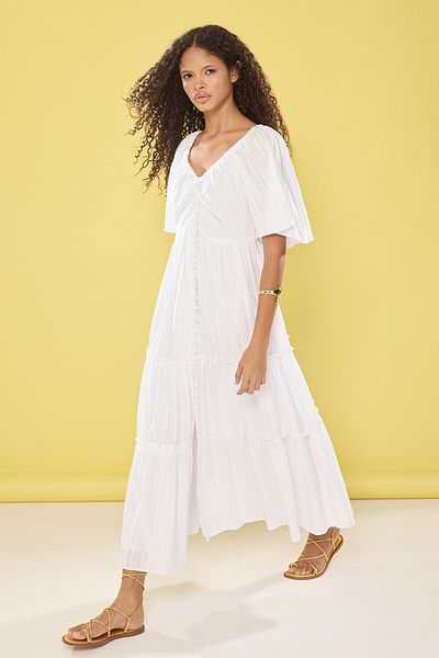 Trendyol Collection Ecru Maxi-Länge gefüttertes Kleid – Stoff mit freiliegender Taille, TWOSS25EL00186