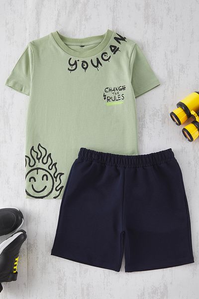 TRENDYOLKIDS Menta fiú nyomott kötött felső öltöny TKDSS25AU00097