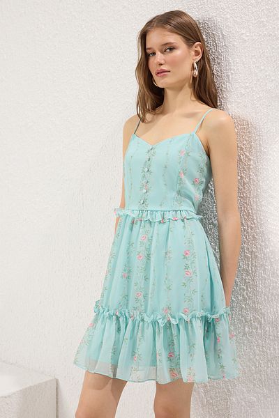 Trendyol Collection Φούστα λουλουδιών μέντας με σιφόν Flight Flight υφαντό μίνι φόρεμα TWOSS23EL01782