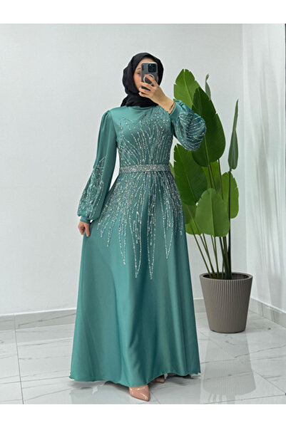 Modarana Saten Taş Detaylı Uzun Tesettür Abiye (NİŞAN-DÜĞÜN)