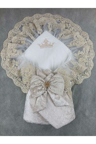 Nemere Newborn Palace Velvet Crown Embroidered Pearl Bow Double Lace Veil Trilux Swaddle Baby Blanket