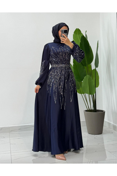 Modarana Saten Taş Detaylı Uzun Tesettür Abiye (NİŞAN-DÜĞÜN)