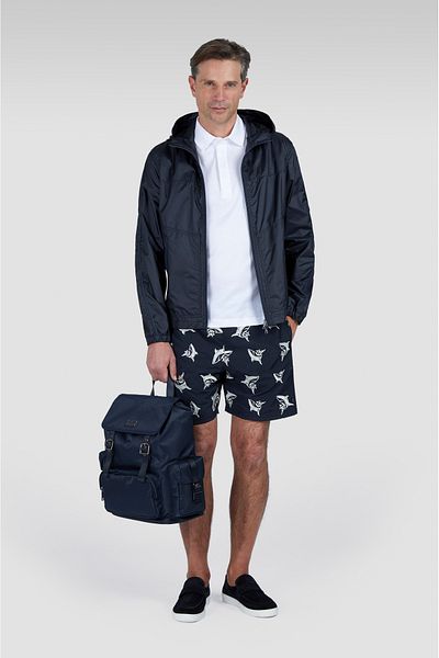 PAUL&SHARK Men's Elastic Waist Shark Patterned Navy Blue-White Swim Shorts