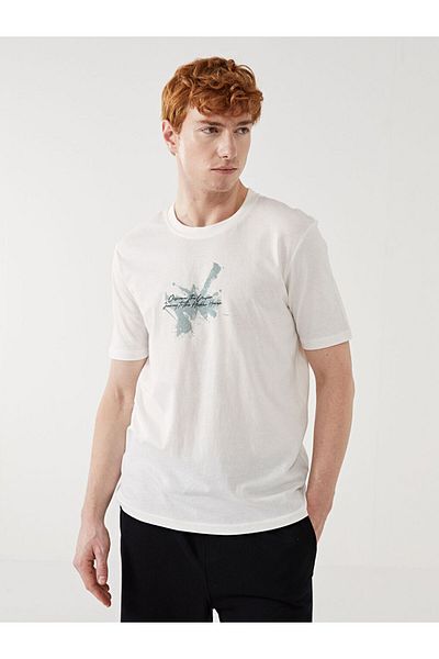 LC Waikiki Xside Ecru Crew Neck Printed Combed Cotton Mens T-Shirt