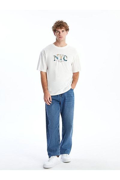 LC Waikiki Ανδρικό μπλουζάκι XSIDE Ecru Crew Neck με στάμπα χτενισμένο βαμβακερό