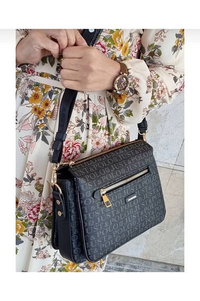 çantamgelsin Geantă de umăr încrucișată JustPolo pentru femei - 6 compartimente, imprimeu cu monogramă