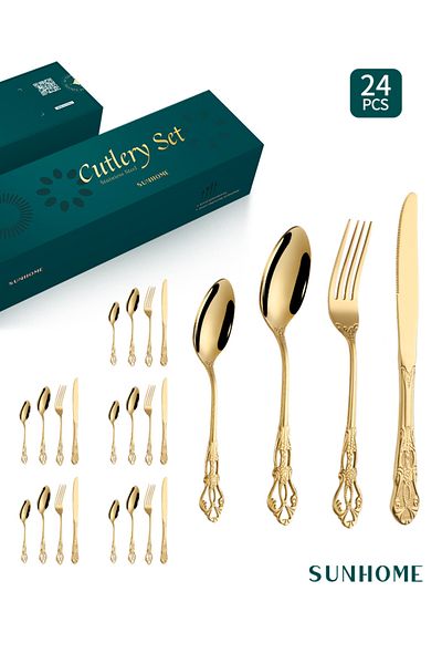 Sunhome 24-Piece Stainless Steel Cutlery Set Gold