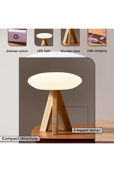 erorex Solin LED Table Lamp with Wooden Base and Dimmer Switch - 25x25 cm