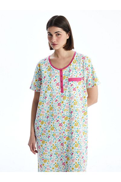 LC Waikiki Lcw Dream Ecru Women's U-Neck Floral Nightgown