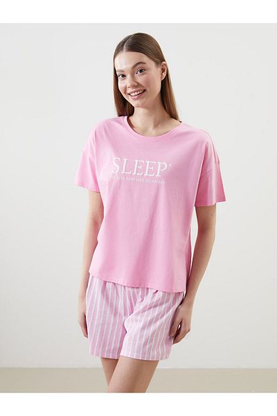 LC Waikiki Σετ πιτζάμες LCW Young Pink Crew με εμπριμέ γυναικείο σορτς