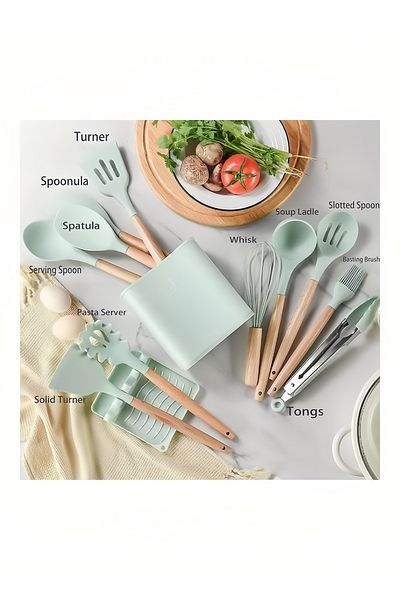 fulina 12-Piece Non-Stick Silicone Cooking Utensils Set,Mint Green, Heat Resistant, BPA-Free
