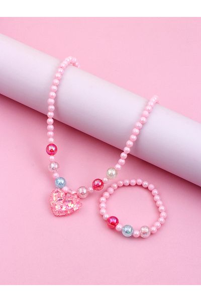 Choice MULTI 40cm 2pcs Girls heart beaded necklace and bracelet four seasons daily wear color random