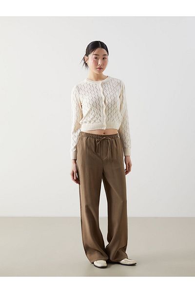 LC Waikiki Xside Ecru Crew Neck Openwork Women's Knitwear Cardigan