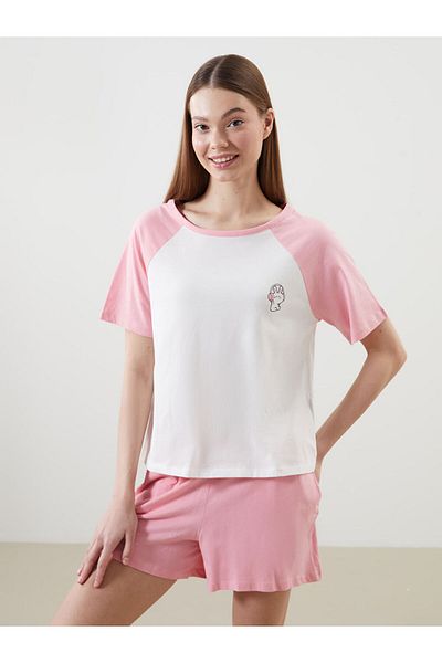 LC Waikiki Σετ πιτζάμες LCW Young Pink Crew με εμπριμέ γυναικείο σορτς