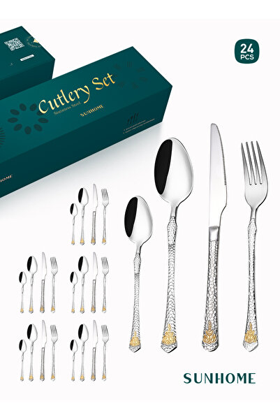 Sunhome طقم أدوات مائدة من الفولاذ المقاوم للصدأ مكون من 24 قطعة باللون الذهبي