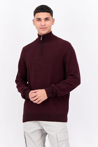 Perry Ellis Men Mock Neck Knitted Quarter Zip Long Sleeves Sweater, Maroon