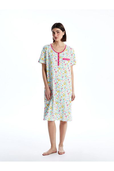 LC Waikiki Lcw Dream Ecru Women's U-Neck Floral Nightgown