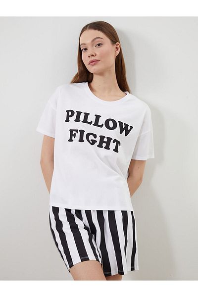 LC Waikiki Set pijamale pentru femei cu decolteu rotund imprimat sezon nou - S5DR56Z8