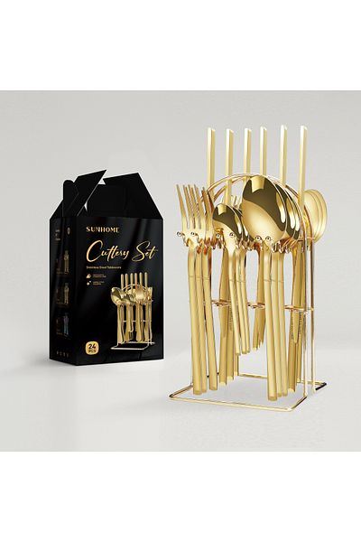 Sunhome 24-Piece Stainless Steel Cutlery Set With Stand Gold