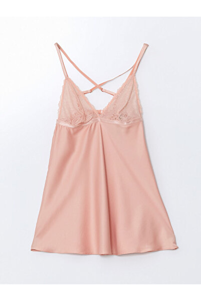 LC Waikiki Pink V-Neck Lace Detailed Satin Women's Fancy Nightgown