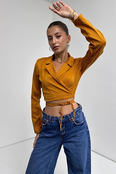 Fav Style Mustard Color Women's Crop Blouse - Long Sleeve, Shirt Neck and Tie Detail