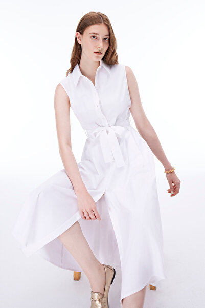Perspective Amelias Regular Fit Midi Length Zero Sleeve Shirt Collar White Dress