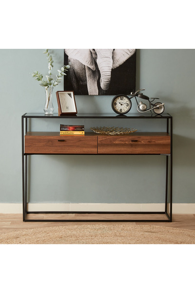 Home Box طاولة كونسول روبي بسطح زجاجي - خشب الجوز والمعدن الأسود