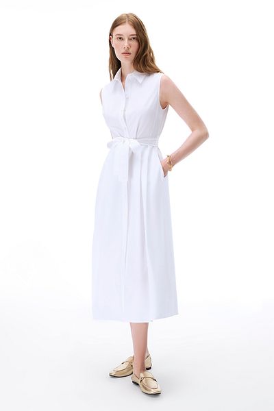 Perspective Amelias Regular Fit Midi Length Zero Sleeve Shirt Collar White Dress