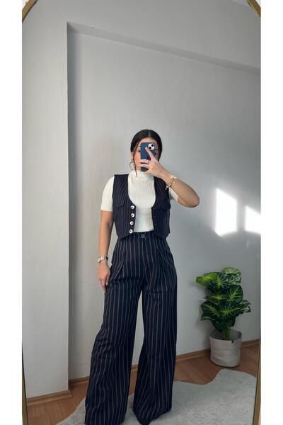Butik Lacivert çizgili palazzo pantolon