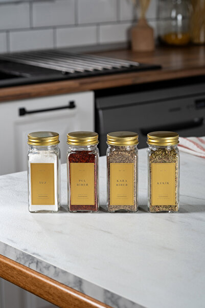 EVLE Set of 4 Glass Spice Jars with Gold Lid and Label Spice Jars