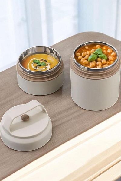 Digithome Food Container - 2 Tier Portable, Stainless Steel and Beige Riser 620ml Thermos