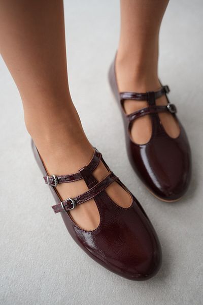 selinshoes Julie Genuine Leather Front Double Belt Detailed Ankle Strap Women's Ballerinas - Bordo