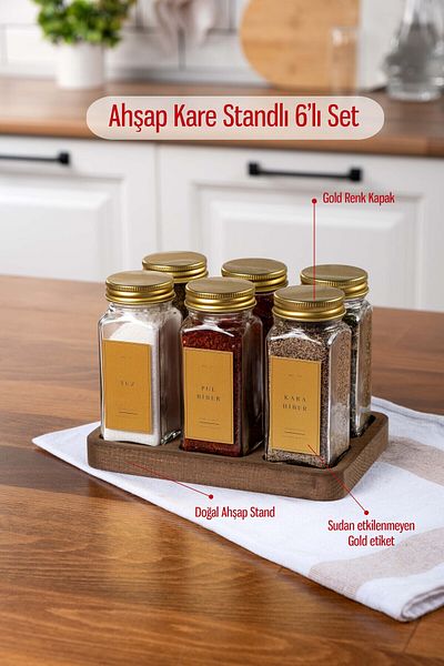 EVLE 6-Piece Square Wooden Stand Spice Rack Gold Lid-Labeled Glass Spice Rack Set