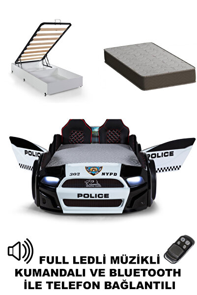 Ferramini Bazalı Arabalı Yatak Polis Kapıları Açılan MST Full Ledli Kumandalı ve Müzikli+Ortopedik Yatak