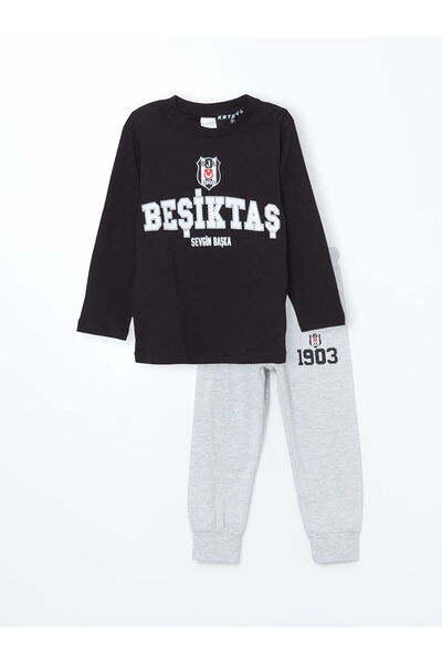 LC Waikiki LCW Kids Crew Neck Beşiktaş Bedrucktes Langarm-Pyjama-Set für Jungen