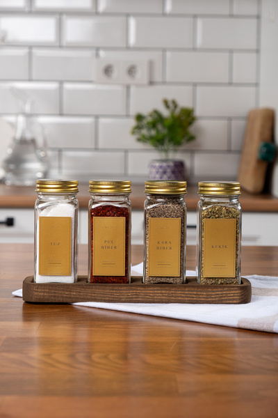 EVLE Set of 4 Glass Spice Racks with Wooden Stand Gold Lid Labeled Spice Rack Set