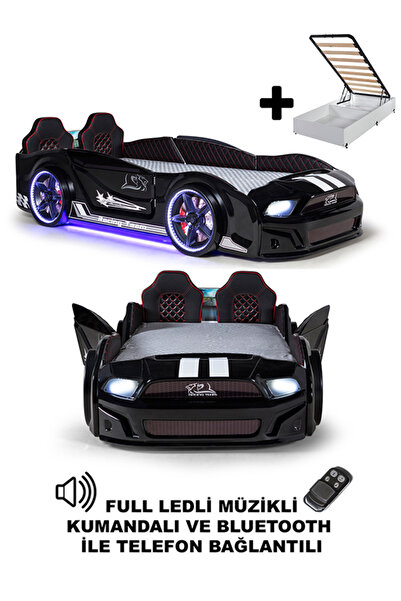 Ferramini Bazalı Siyah Arabalı Yatak Kapıları Açılan MST  Full Ledli Kumandalı ve Müzikli