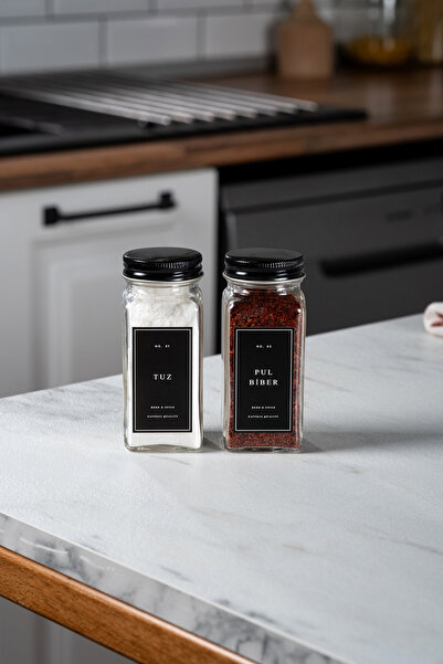 EVLE Set of 2 Glass Spice Jars with Lids Black Label Spice Jars Set