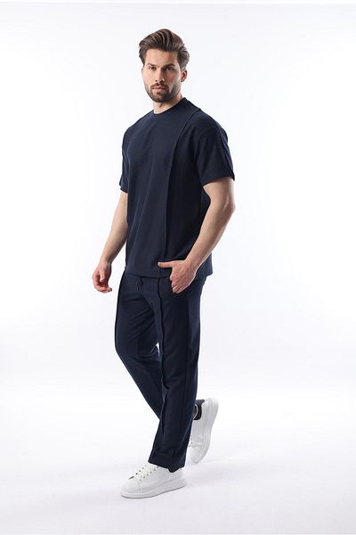 Madmext Ανδρικό κοστούμι Navy Blue μπροστινό πλισέ Overfit E7304